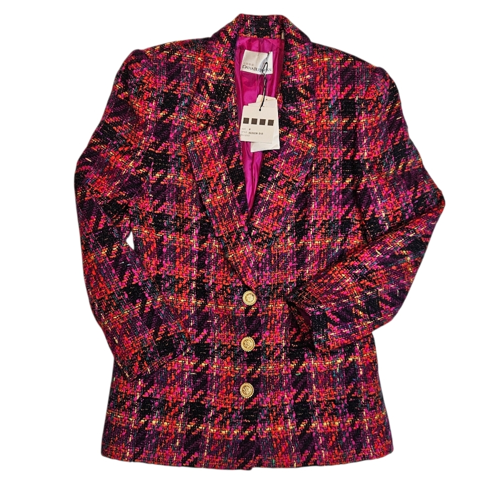 Vintage 80s 90s Dana Buchman Tweed Blazer NWT The Broadway Gold Button Jacket 8 - Picture 1 of 8